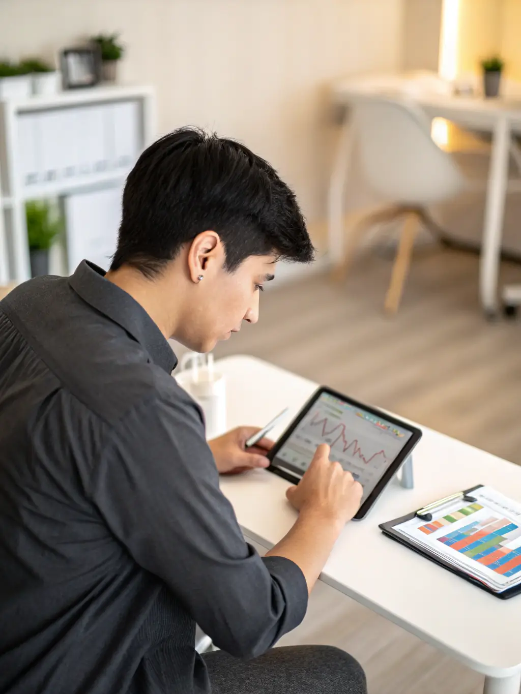 A person confidently making financial decisions with the help of FINCALC's DTI calculator results displayed on a tablet.