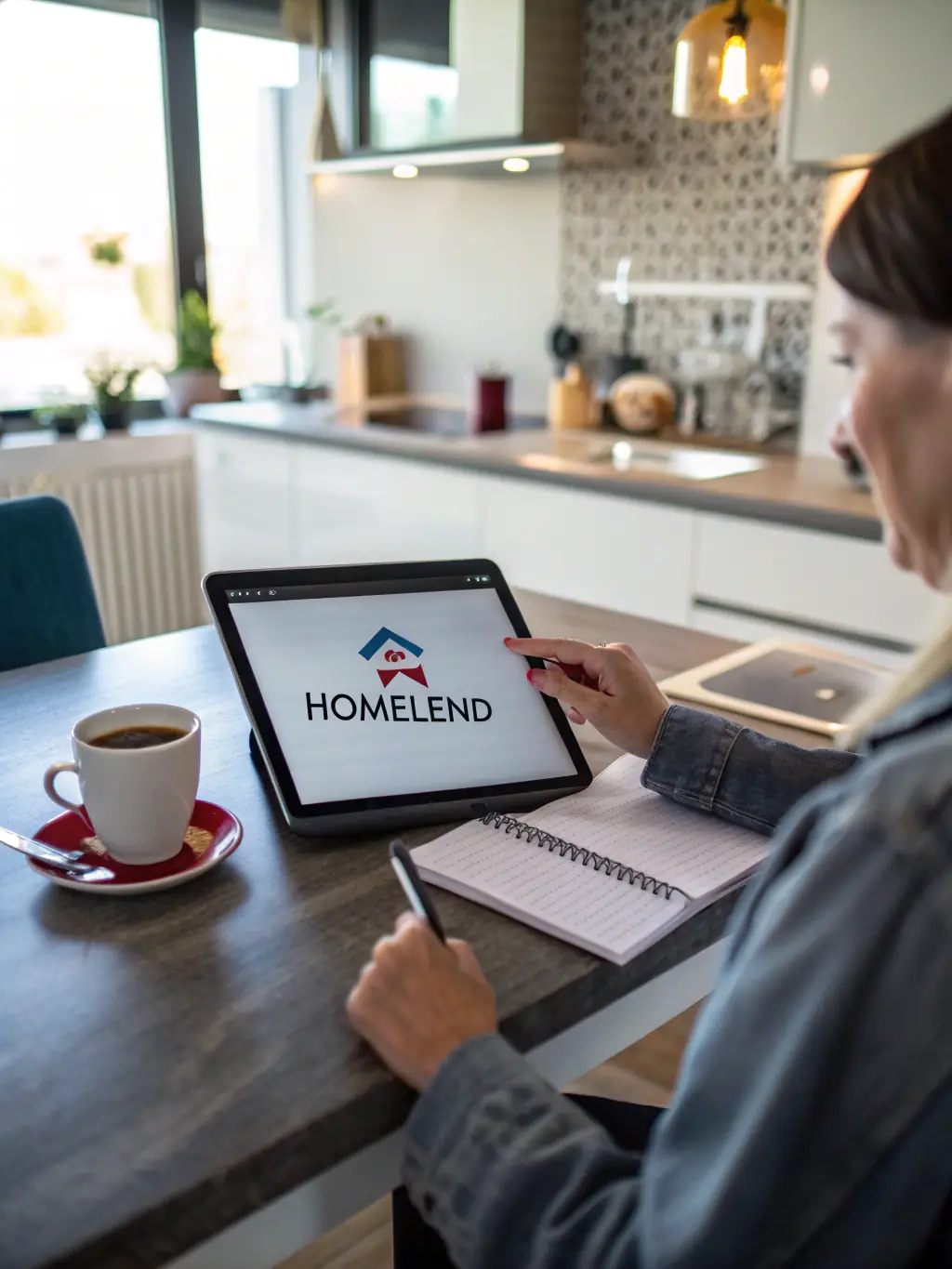 A person smiling while using the FINCALC mortgage calculator on a laptop, showcasing the user-friendly interface.