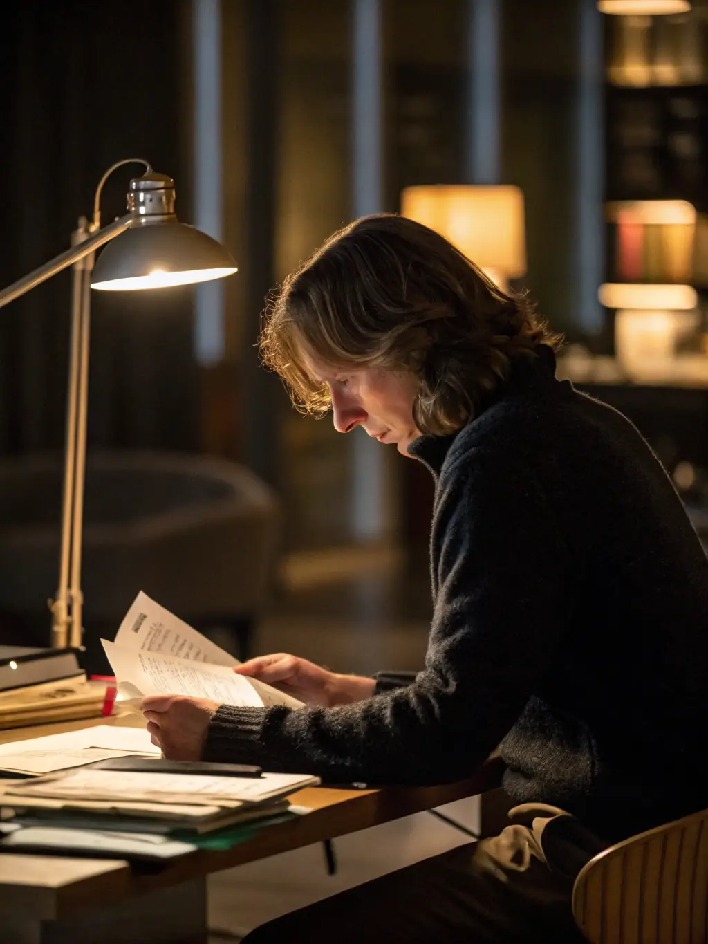 A person looking concerned at a stack of bills on their desk, representing the stress of high debt. The image should be in a well-lit, modern office setting.