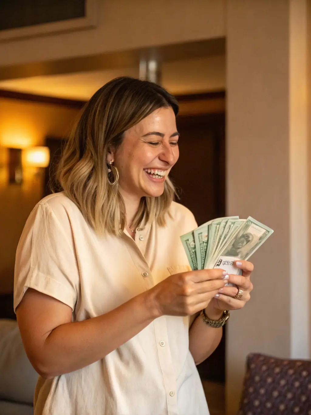A person celebrating a financial milestone, such as paying off a debt or achieving a savings goal, representing financial success.
