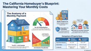 California Homebuyer’s Blueprint: Mastering Your Monthly Costs, illustrating monthly housing costs and components like taxes, insurance, and Mortgage Calculator.