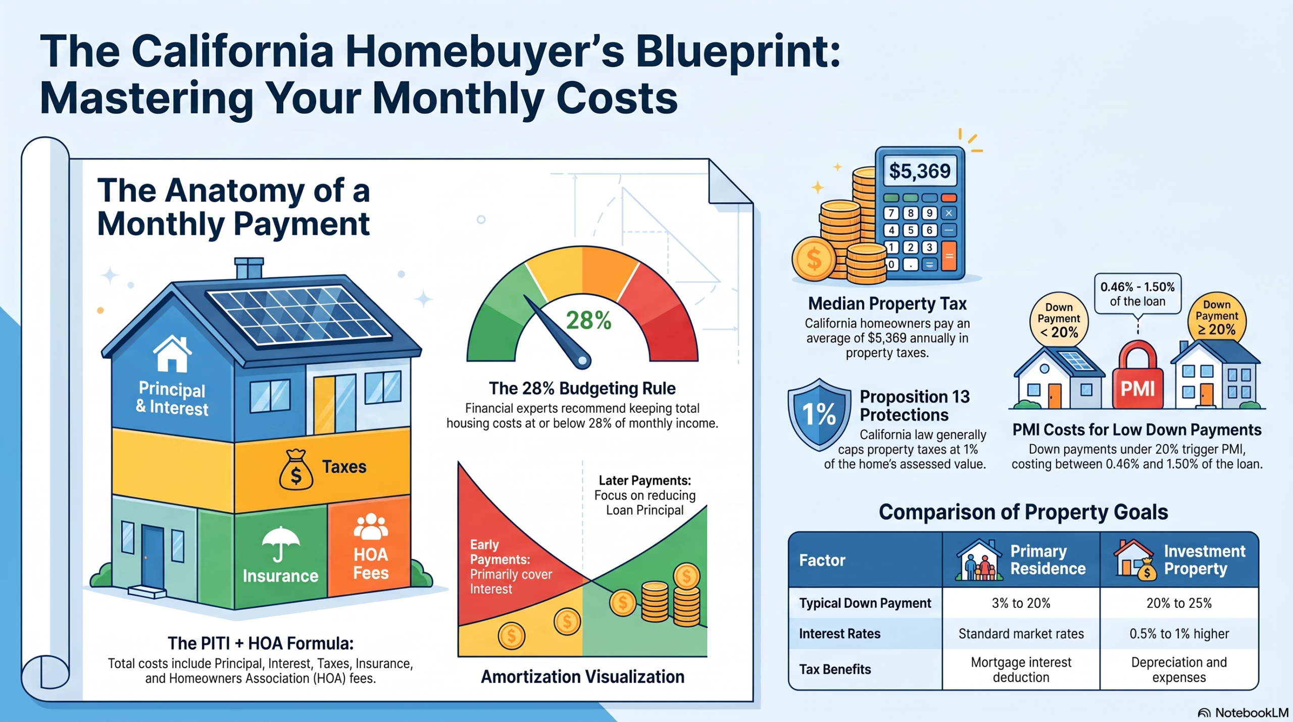California Homebuyer’s Blueprint: Mastering Your Monthly Costs, illustrating monthly housing costs and components like taxes, insurance, and Mortgage Calculator.