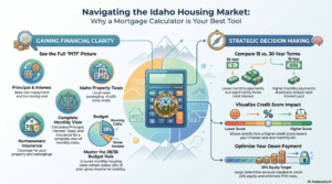 mortgage calculator aids navigating the Idaho housing market, with sections on financial clarity and strategic decision making and icons for principal, taxes, budgets, and equity goals.