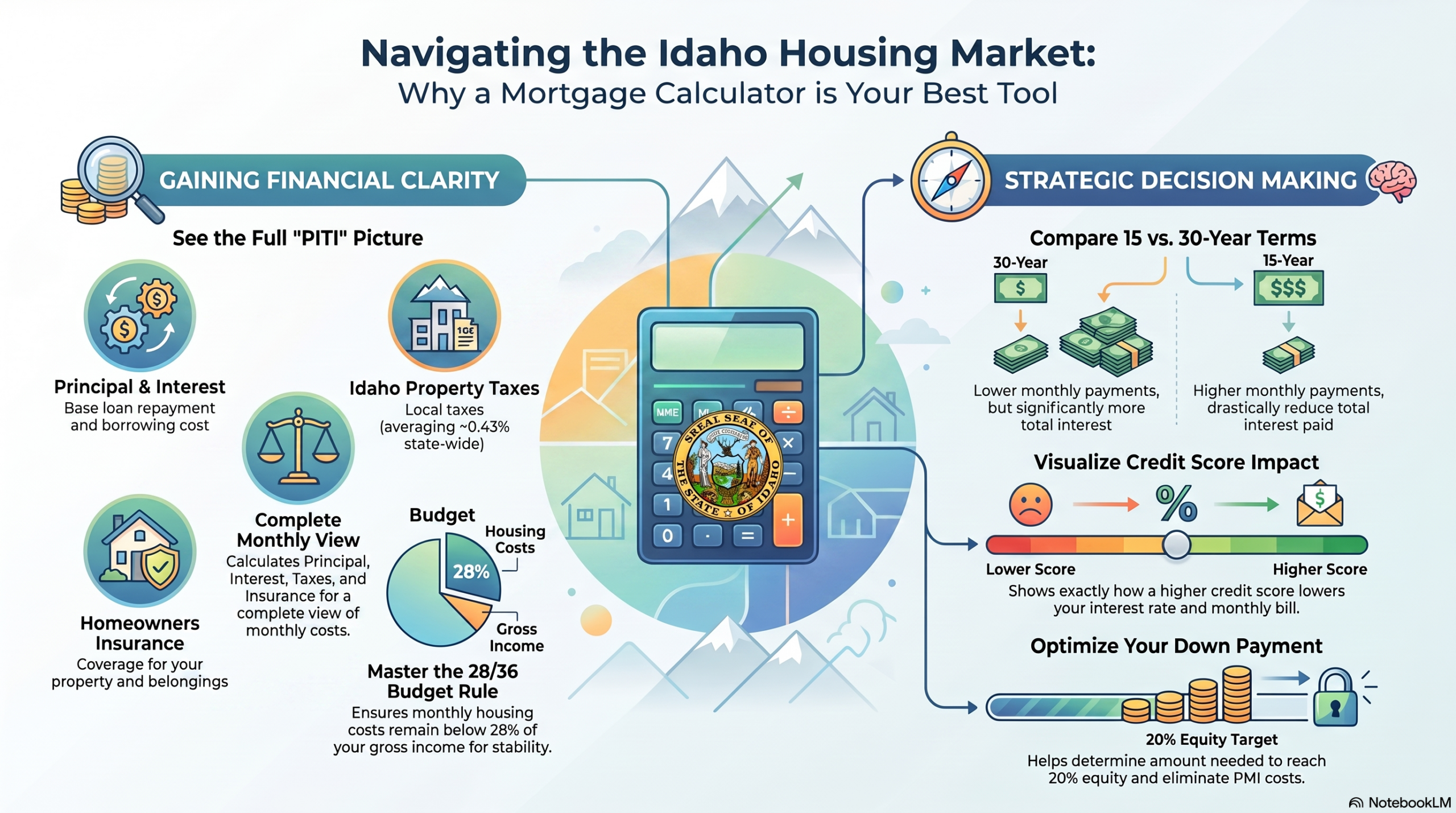 mortgage calculator aids navigating the Idaho housing market, with sections on financial clarity and strategic decision making and icons for principal, taxes, budgets, and equity goals.