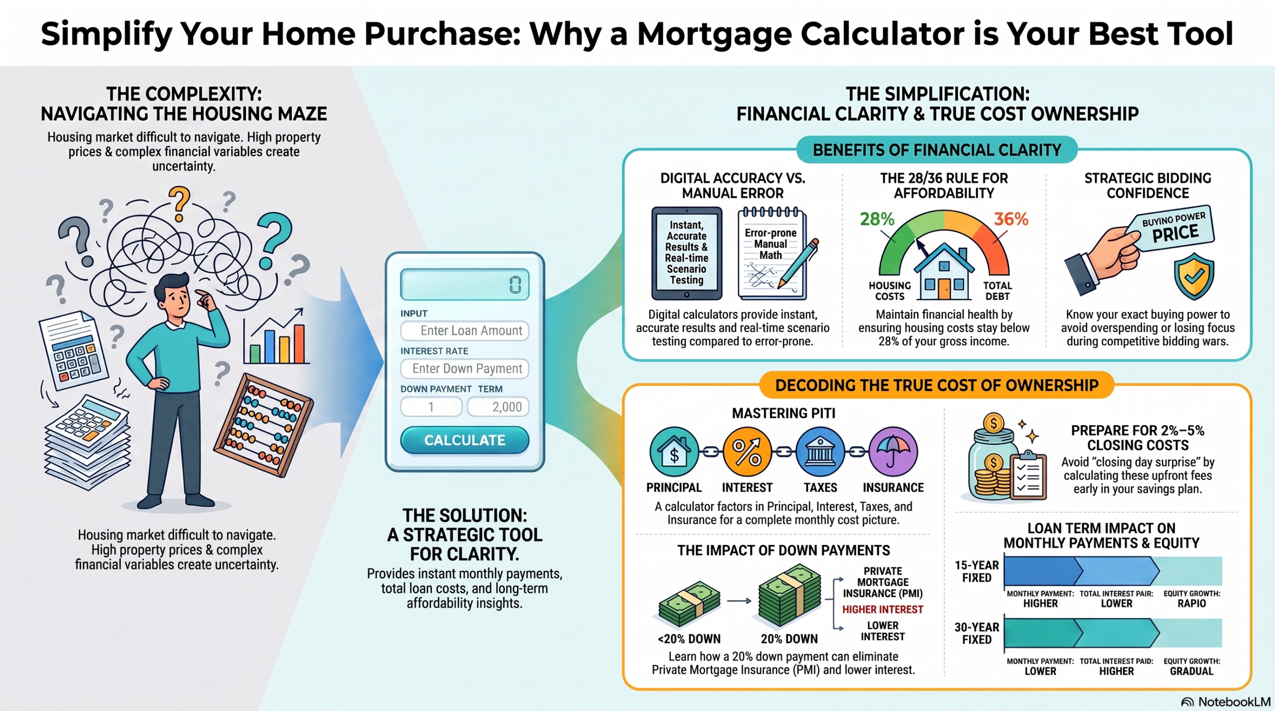 Simplify Your Home Purchase: Why a Mortgage Calculator Is Your Best Tool' with sections on complexity, simplification, and true cost of ownership.