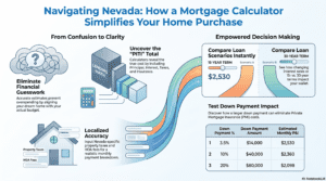 Nevada mortgage calculator; shows steps from confusion to clarity and loan scenarios section on right.