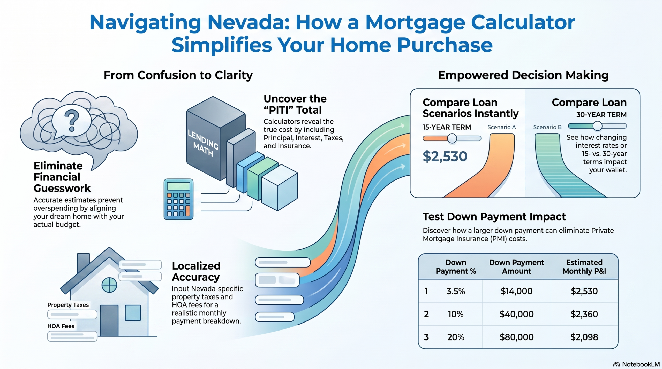 Nevada mortgage calculator; shows steps from confusion to clarity and loan scenarios section on right.