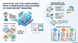 Utah's home market, turning confusion into financial confidence with a large calculator illustration and related icons: taxes, insurance, principal and interest, and monthly cost details.