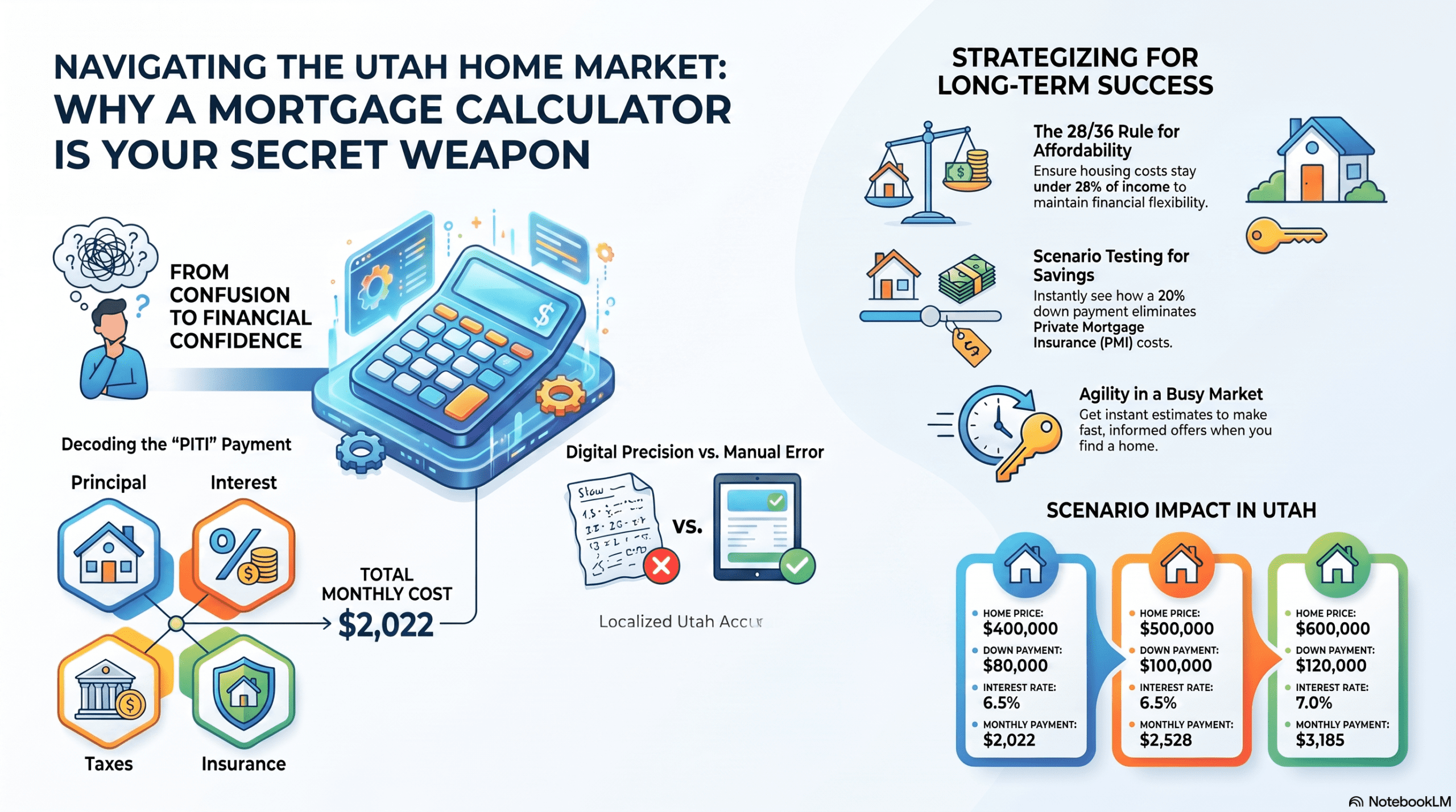 Utah's home market, turning confusion into financial confidence with a large calculator illustration and related icons: taxes, insurance, principal and interest, and monthly cost details.